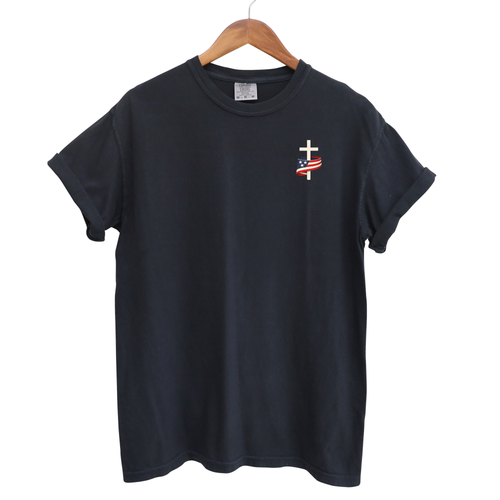 Cross & Country Flag Tee in Steel Blue with center graphic